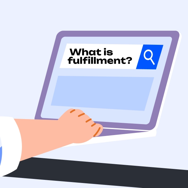 Person searching “What is fulfillment?” on a laptop — ecommerce fulfillment concept.