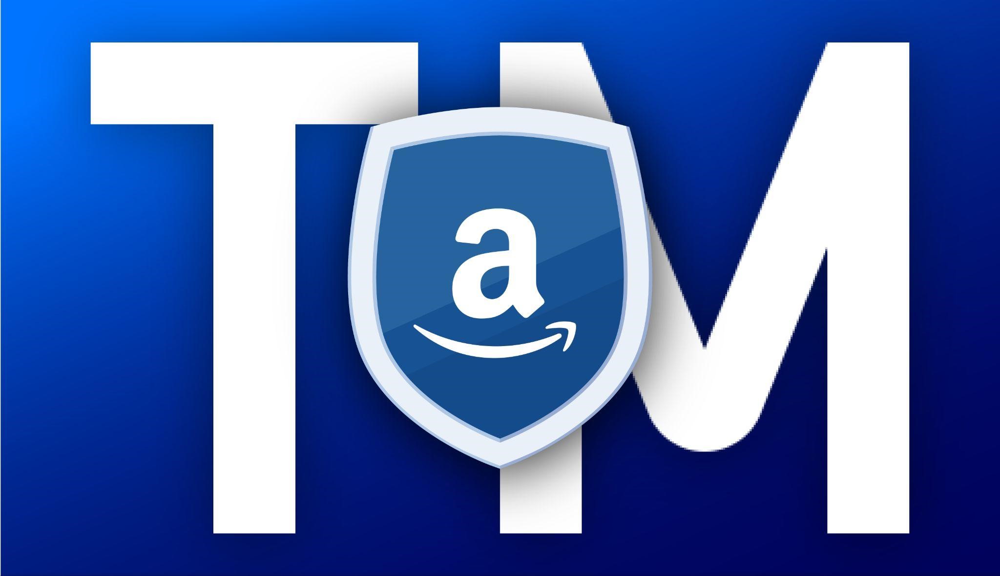 a trademark on a shield behind amazon’s logo