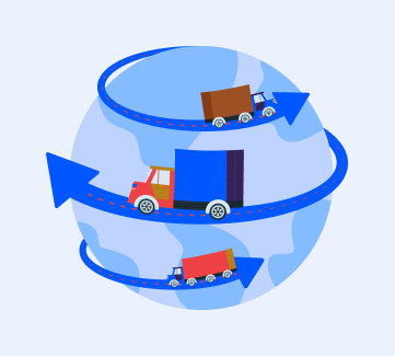 Illustration of a simplified globe with three trucks driving on looping roads around it, symbolizing global logistics or worldwide transportation, including split shipments.