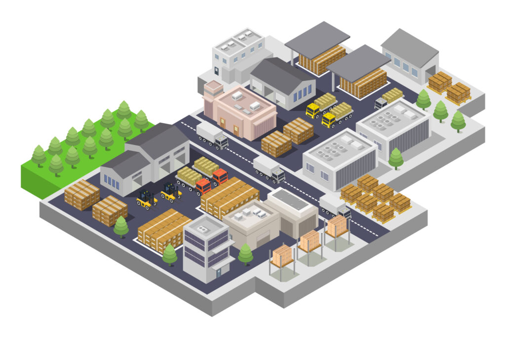 A well-organized warehouse layout with labeled zones, shelving systems, digital scanners, and clear pathways, representing the core components of effective warehouse mapping.