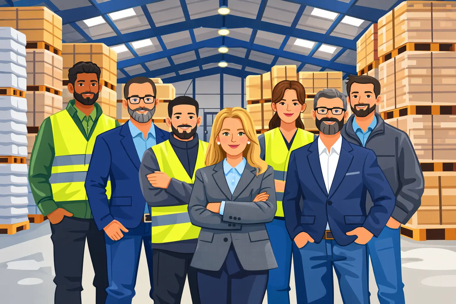Illustrated logistics team standing in a modern warehouse with stacked pallets and fulfillment staff in safety vests.