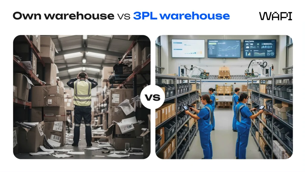 Side-by-side comparison of an in-house warehouse versus a professional 3PL warehouse environment.