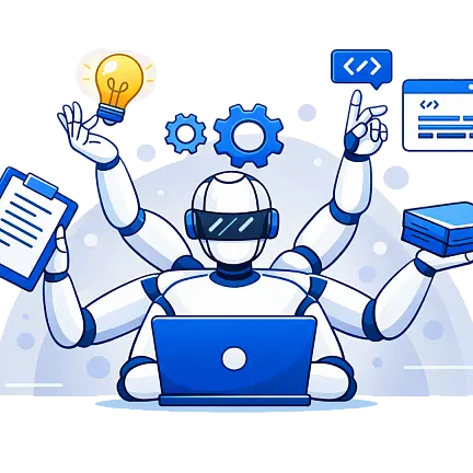 Multi-armed AI robot working on a laptop, handling ideas, coding, settings, documents, and data tasks at the same time.