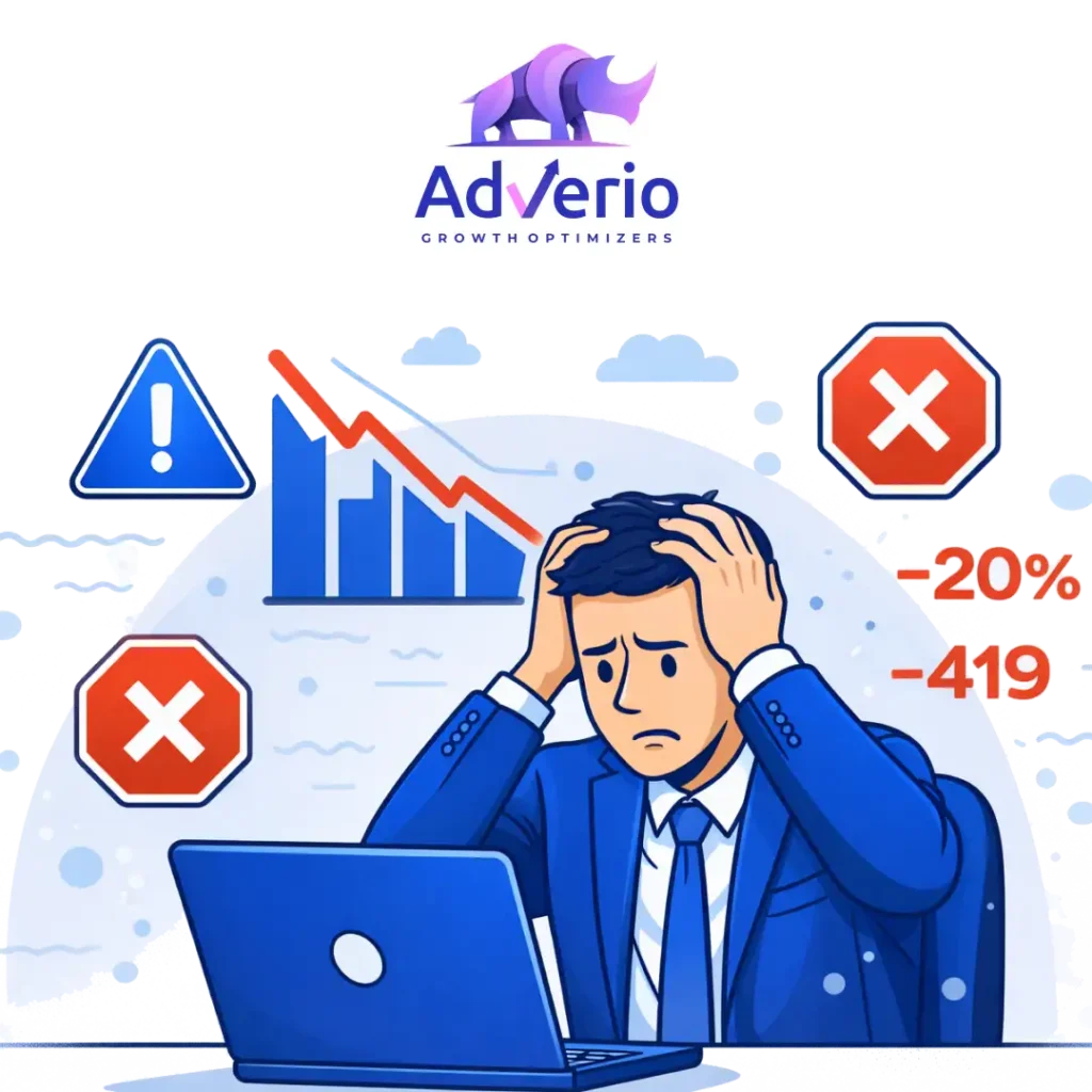 Illustration of a stressed manager at a laptop with a falling chart, warning/error icons, and declining metrics (e.g., -20%).