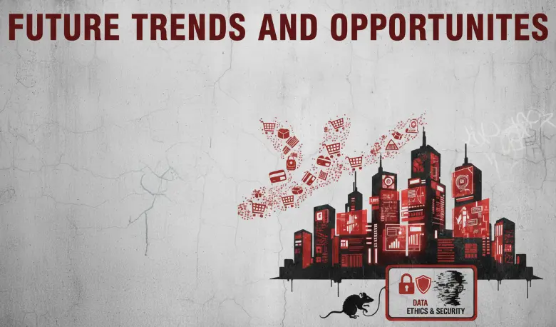 Graffiti-style cityscape with red ecommerce icons rising above buildings and a “Data Ethics & Security” sign, representing future trends and opportunities.
