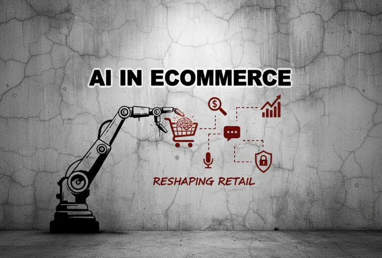 Graffiti-style illustration of a robotic arm pushing a shopping cart icon connected to analytics, chat, voice, and security symbols under the text “AI in Ecommerce.”