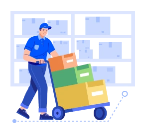 Cluster picking illustration showing a picker, a cart with multiple boxes, and a single picking route.