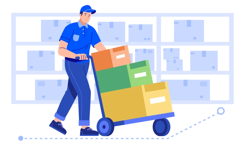 Illustration of cluster picking in a warehouse with a worker pushing a cart along a picking route.
