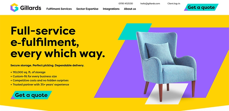 Gillards homepage hero with bold yellow and purple layout, headline “Full-service e-fulfilment, every which way,” a chair product image on the right, and “Get a quote” button.