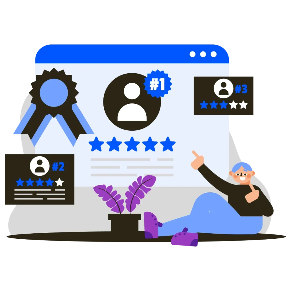 Illustration of an awards-and-reviews webpage with a large five-star rating, a “#1” badge, review cards labeled #2 and #3, and a person pointing at the screen next to a ribbon and medal icon.