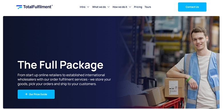 TotalFulfilment homepage hero with headline “The Full Package,” a warehouse background, a smiling warehouse worker on the right, and CTAs including “Our Price Guide” and “Contact Us.”