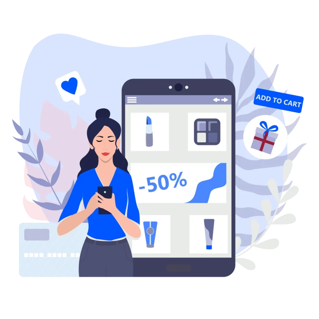 Woman shopping for beauty products on a mobile ecommerce app with makeup items, discount banner, and add-to-cart icons