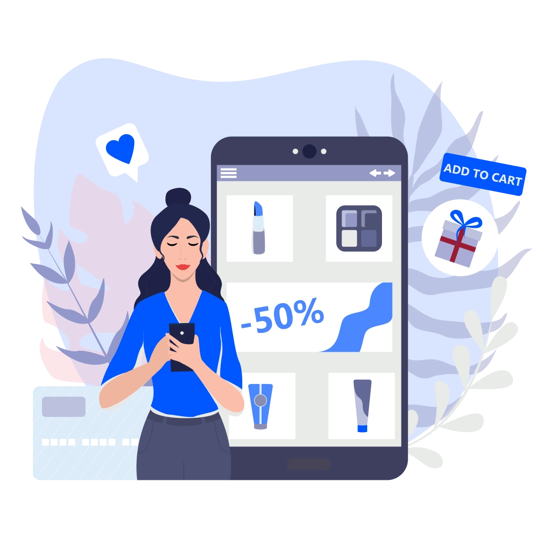 Woman shopping for beauty products on a mobile ecommerce app with makeup items, discount banner, and add-to-cart icons