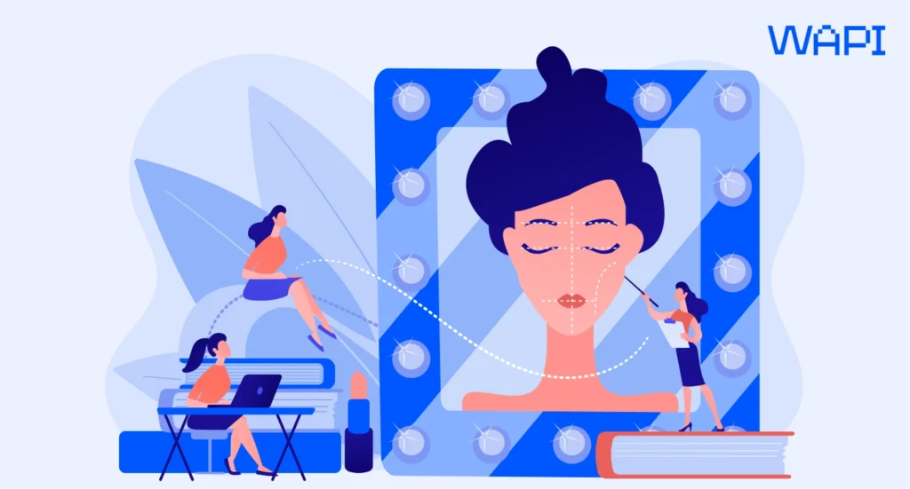 Team planning a beauty concept around a large face illustration, makeup mirror, books, and lipstick