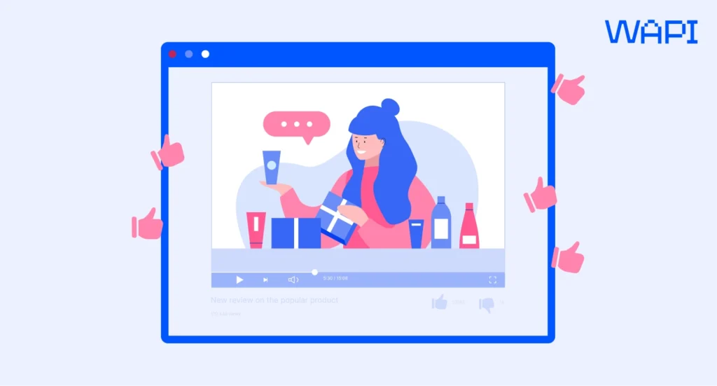 Beauty creator reviewing cosmetics on video with social media likes and engagement icons around the screen