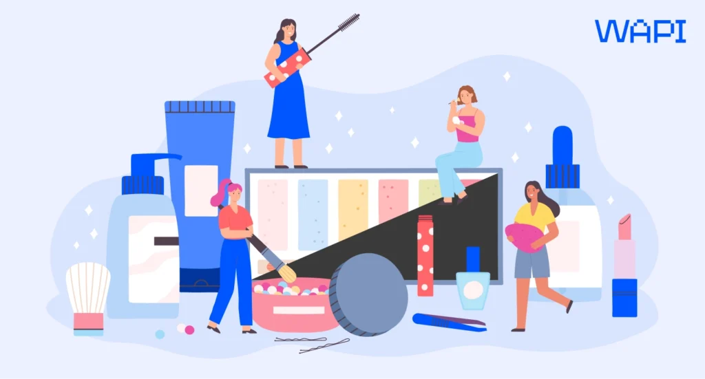 Oversized makeup products with people interacting around a palette, mascara, lipstick, and beauty accessories