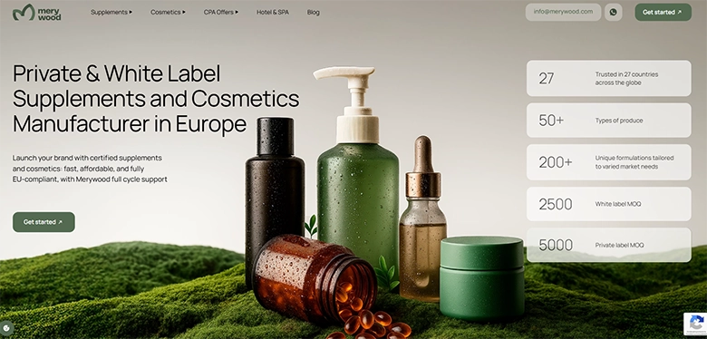 Screenshot of the Merywood website highlighting private and white label supplements and cosmetics manufacturing in Europe, with product packaging and MOQ figures.