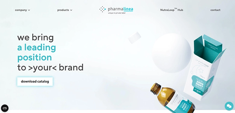 Screenshot of the PharmaLinea website with the message “we bring a leading position to your brand” and product packaging shown on the right.