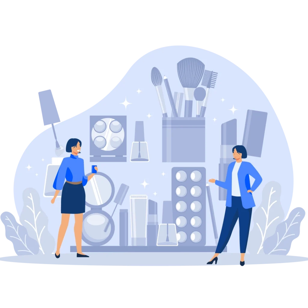 Abstract vector illustration of two women standing next to oversized beauty and makeup products