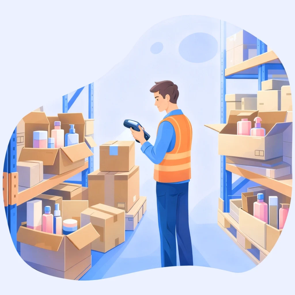Warehouse worker scanning boxes in a cosmetics storage area with shelves, cartons, and beauty products