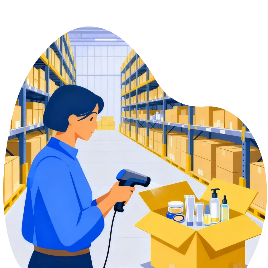 Worker scanning a box of beauty products in a warehouse aisle with tall shelves and stored inventory