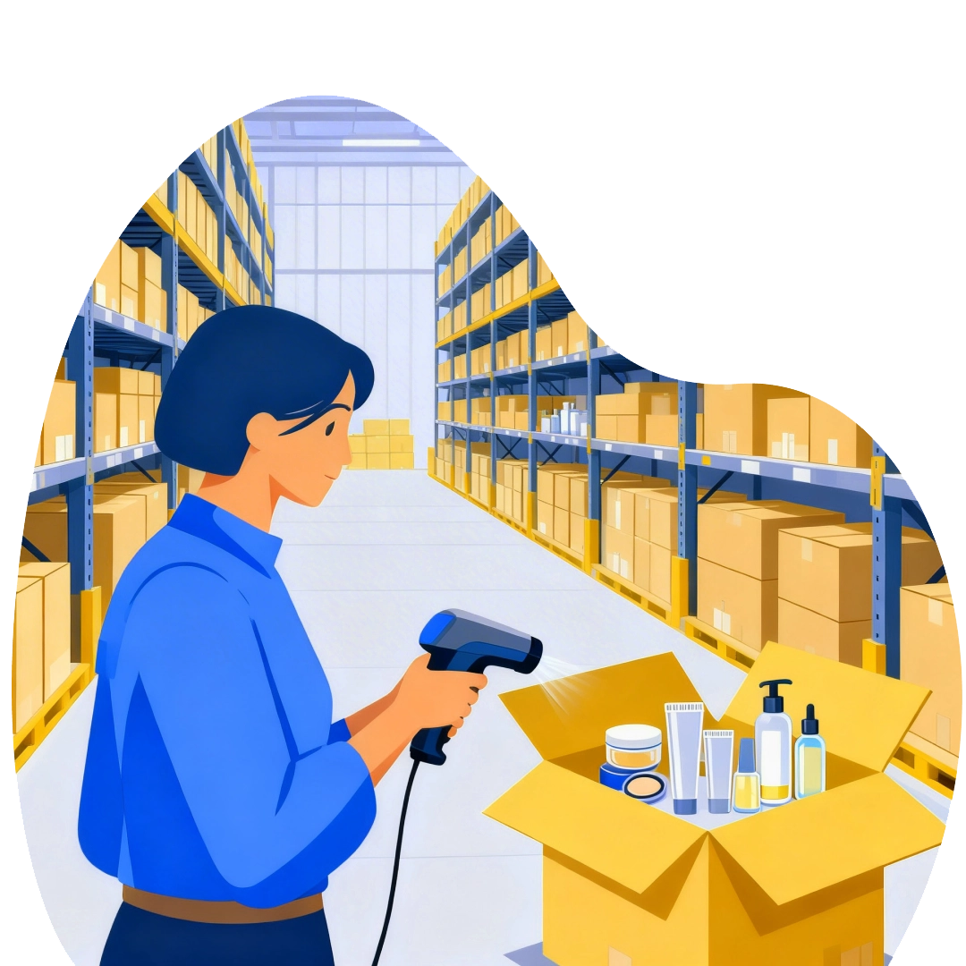 Worker scanning a box of beauty products in a warehouse aisle with tall shelves and stored inventory