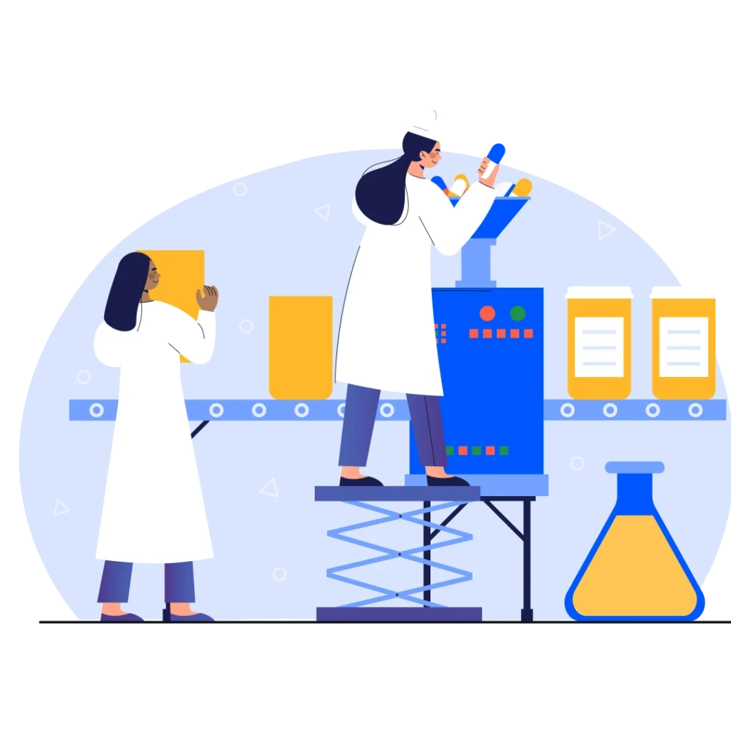 Illustration of lab technicians overseeing private label supplement manufacturing on a production line.
