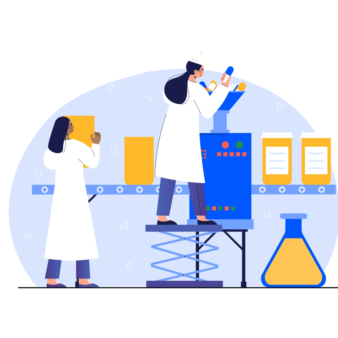 Illustration of lab technicians overseeing private label supplement manufacturing on a production line.