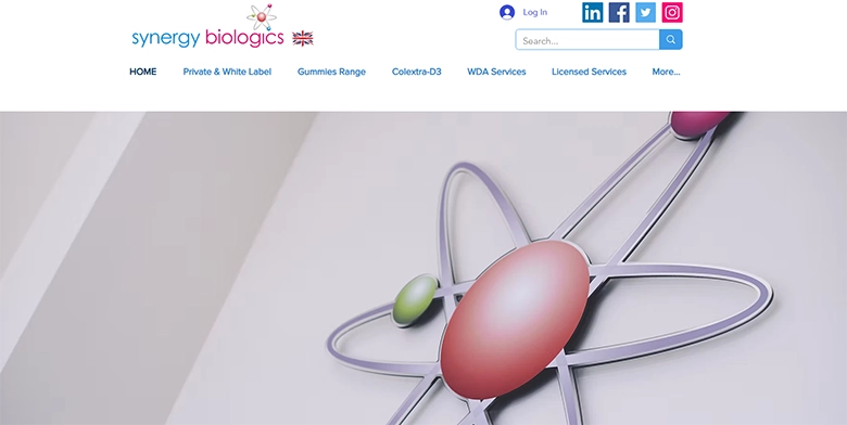 Screenshot of the Synergy Biologics website homepage with the “Private & White Label” navigation and a large atom-style graphic banner.