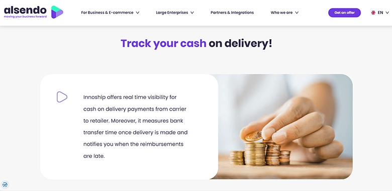 Alsendo page showing real-time visibility for cash on delivery reimbursements and payment tracking