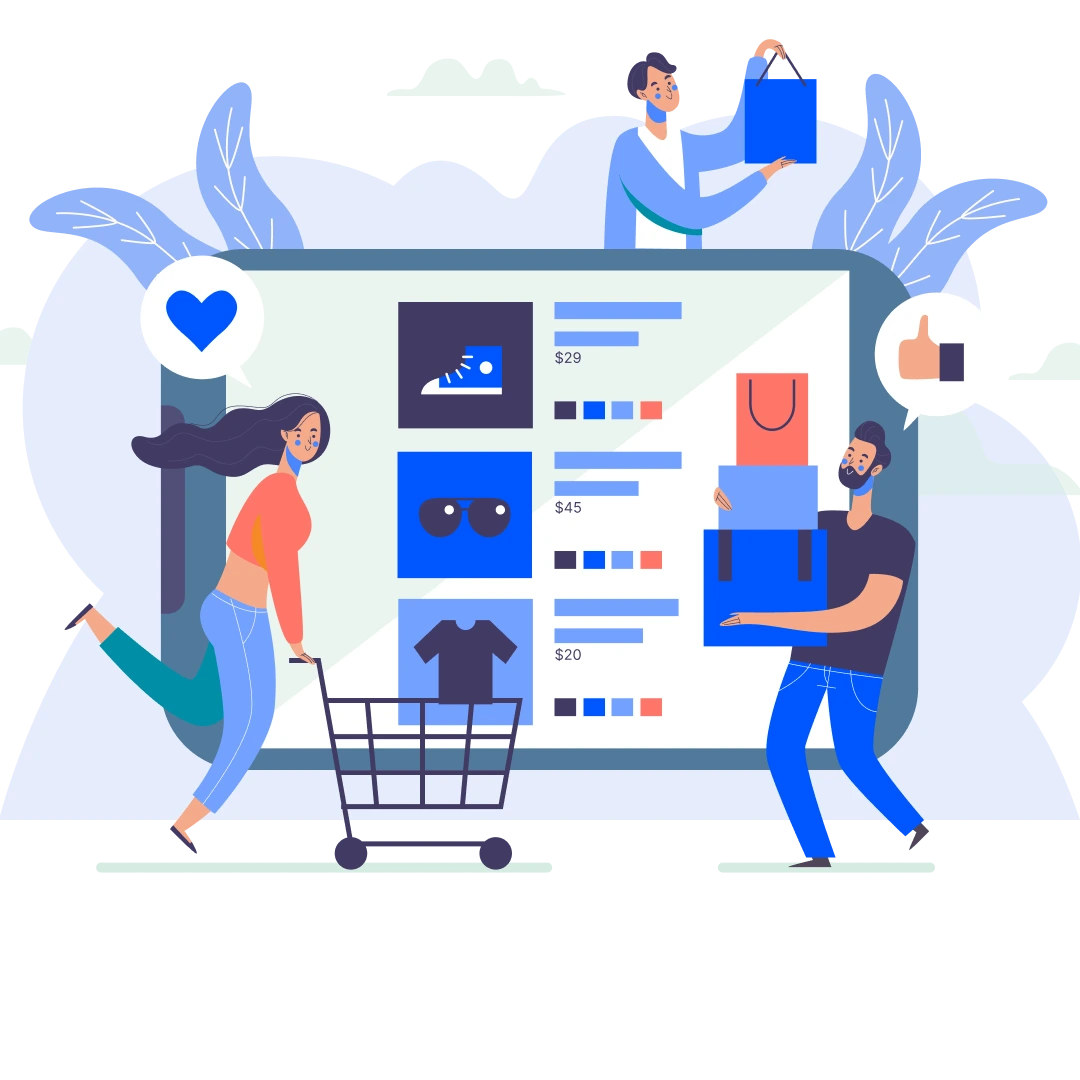 Ecommerce shopping interface with customers browsing products and adding to cart