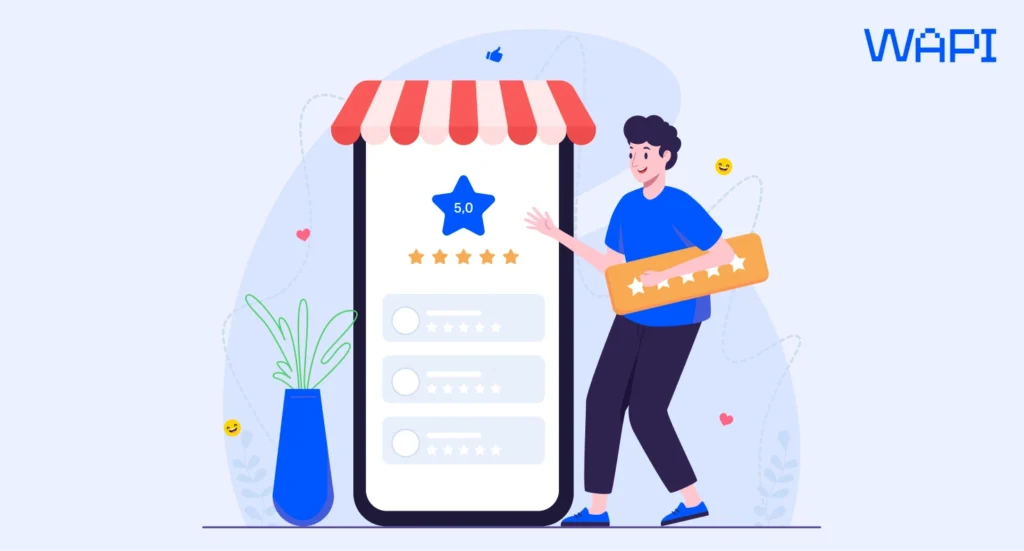 Happy customer leaving positive review and rating after purchase