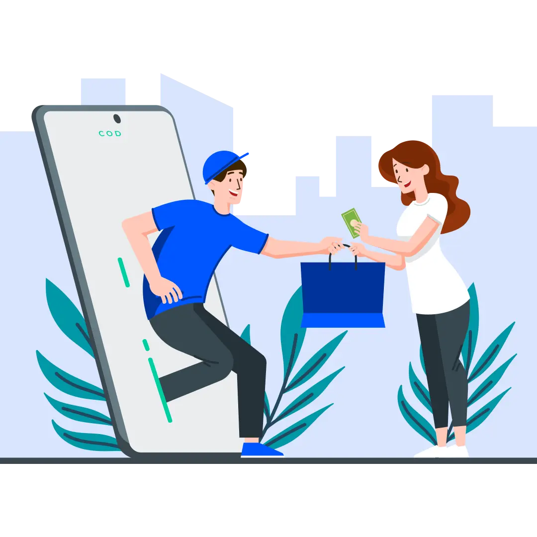 Illustration of a courier handing a shopping bag to a customer receiving a cash on delivery order