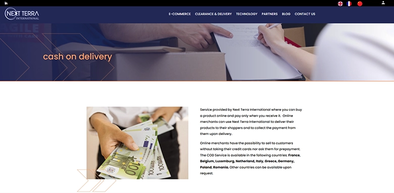 Next Terra cash on delivery page showing COD service details and supported European countries