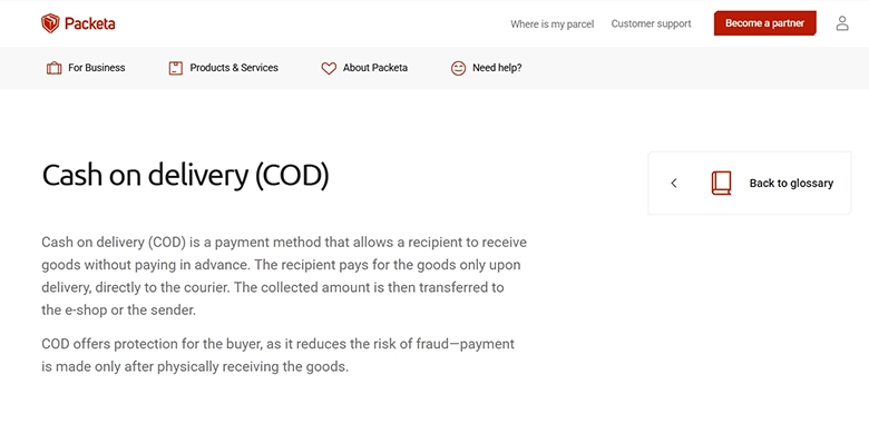 Packeta glossary page explaining cash on delivery as a payment method for parcels