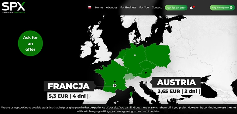 SPX website screenshot showing a European delivery map with shipping rates and transit times for France and Austria