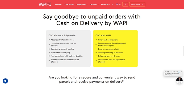 WAPI cash on delivery page comparing COD without a 3PL provider and COD with WAPI