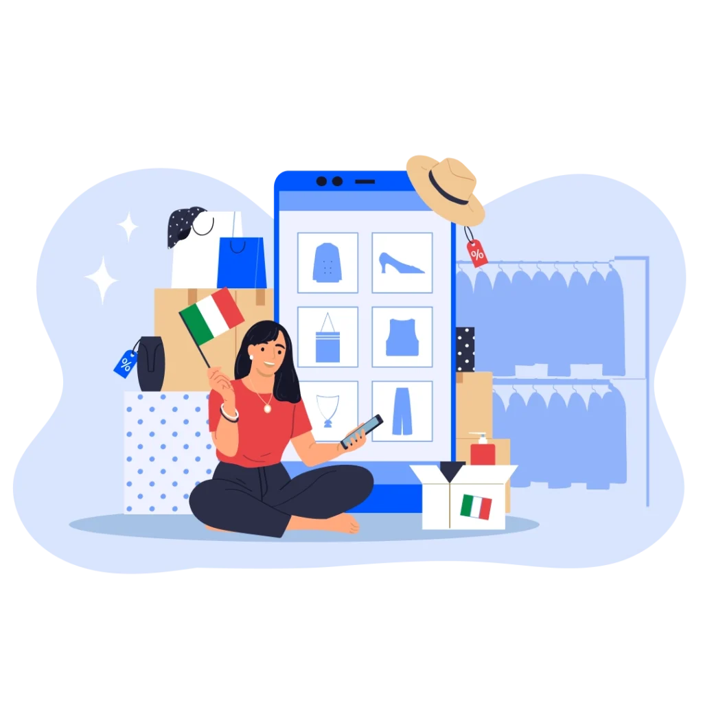 Italian online shopper browsing fashion products on a smartphone with parcels and shopping bags around her