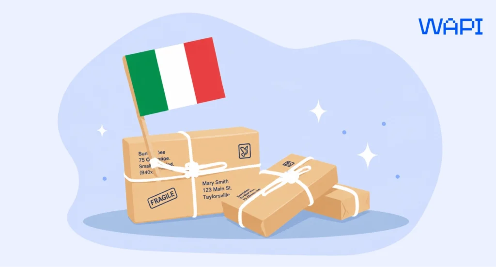 Ecommerce parcels prepared for delivery in Italy with labels, packaging details, and an Italian flag