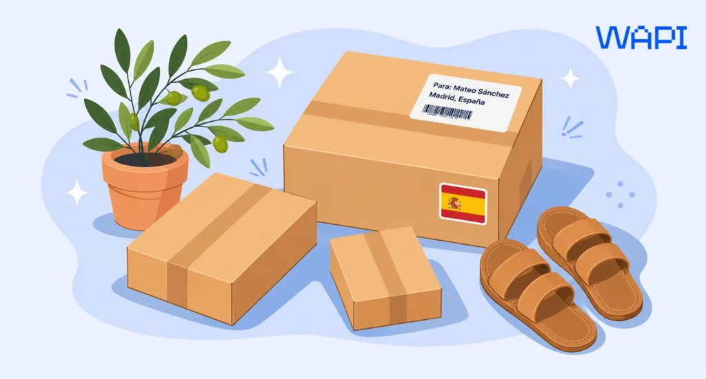 Parcels prepared for delivery to Madrid, Spain with a Spanish flag label