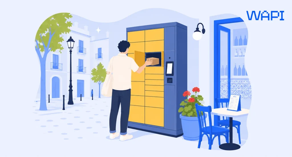 Customer collecting a parcel from a locker station in a Spanish city