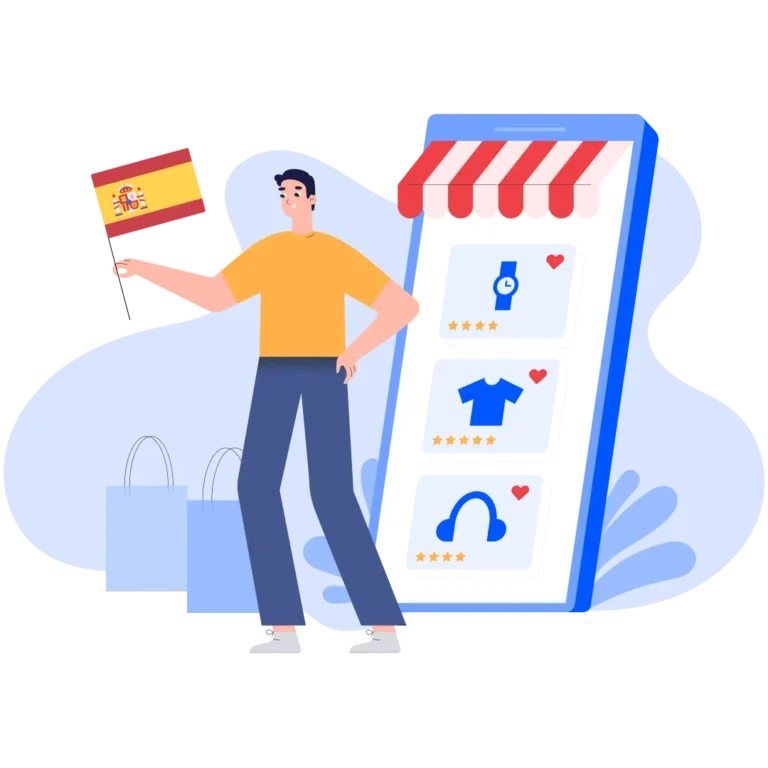 Spanish online shopper with a mobile ecommerce storefront and Spanish flag