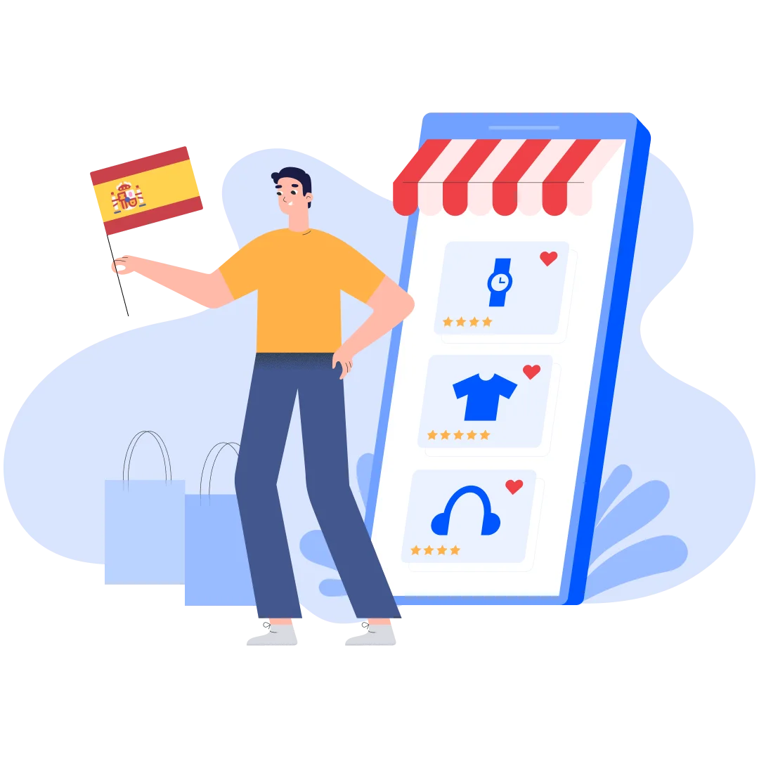 Spanish online shopper with a mobile ecommerce storefront and Spanish flag