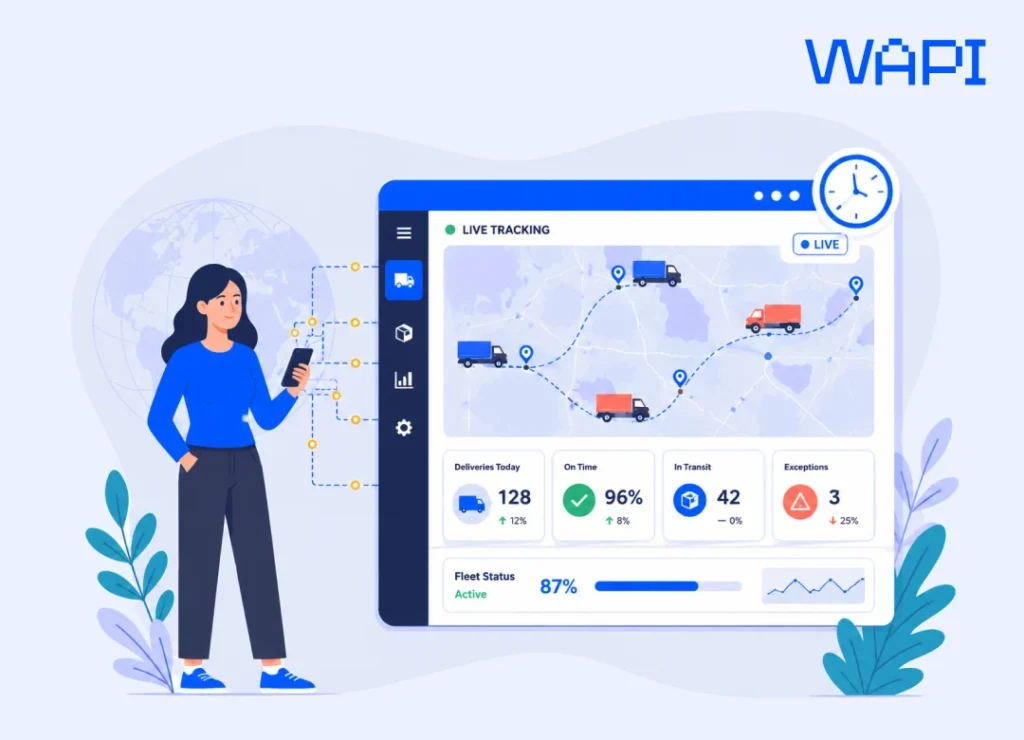 Real-time logistics tracking dashboard with delivery status, on-time rate, and exceptions