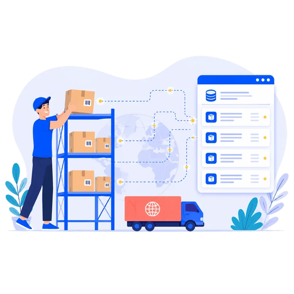Logistics database connecting warehouse, shipments, carrier data, and fulfillment dashboard