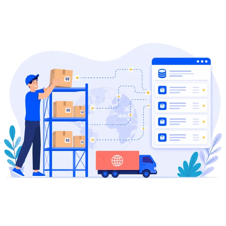 Logistics database connecting warehouse, shipments, carrier data, and fulfillment dashboard