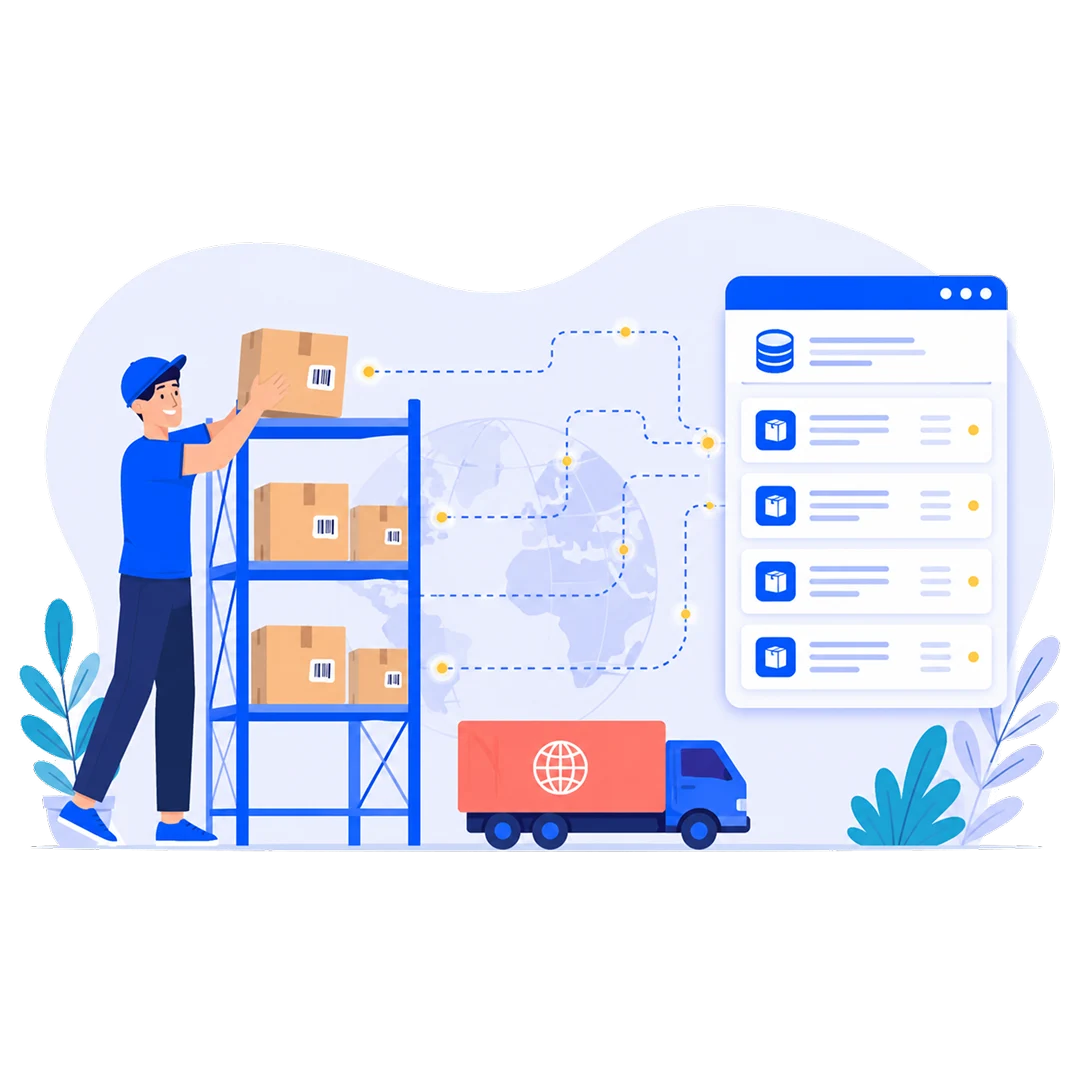 Logistics database connecting warehouse, shipments, carrier data, and fulfillment dashboard