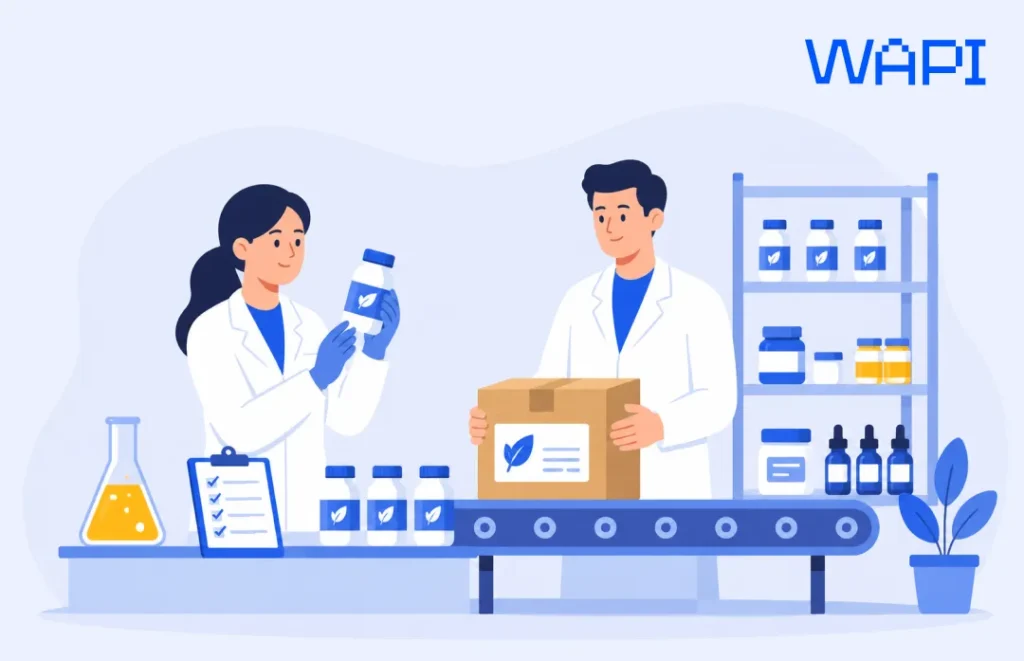 Supplements and cosmetics fulfillment in Romania with lab team, product bottles, conveyor, and warehouse shelves