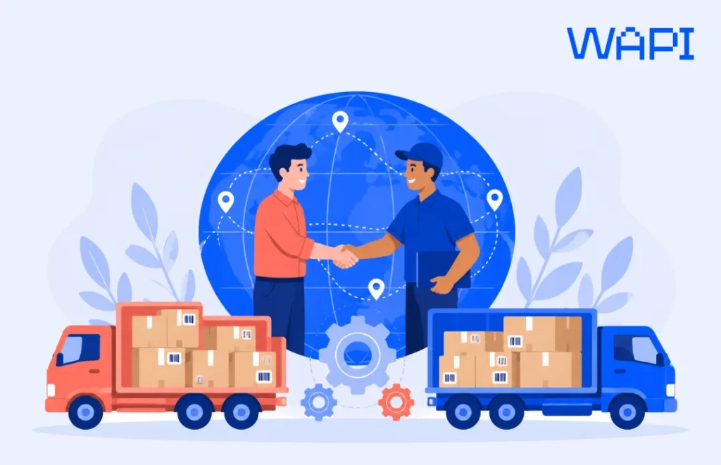 Cross-border ecommerce fulfillment in Romania with trucks, global routes, and logistics partners shaking hands