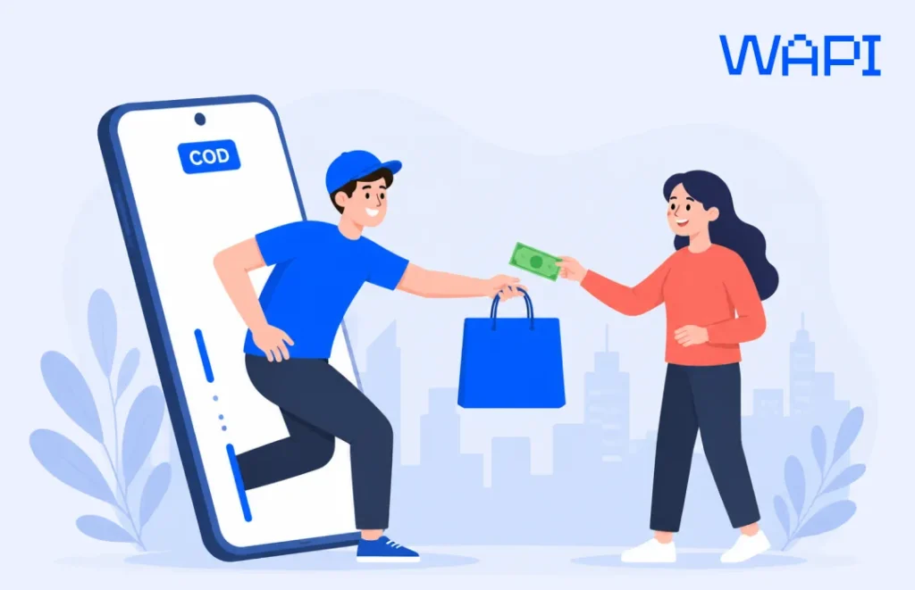 Cash on delivery in Romania with courier handing parcel to customer and receiving cash payment